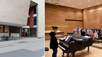 Kinder musizieren mit Dirigentin, die am Klavier steht